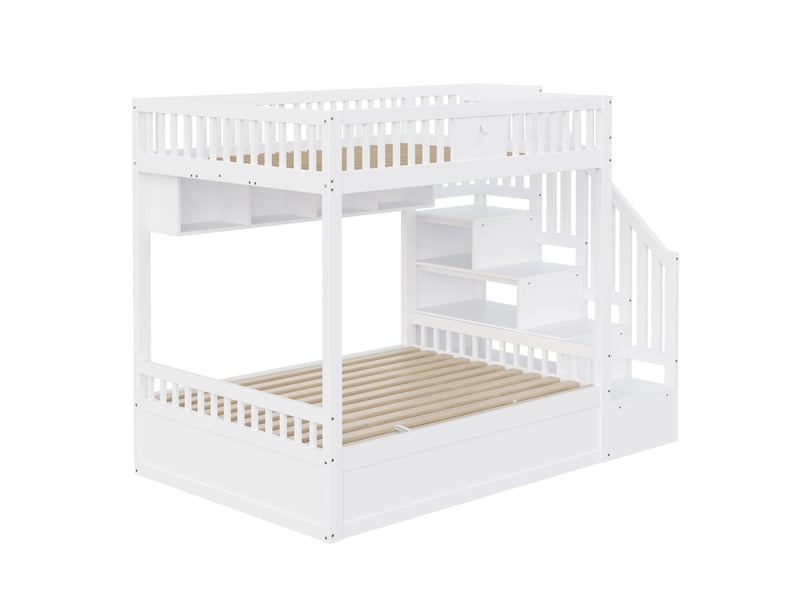 Lit mezzanine blanc 140x200 cm avec rangement hydraulique, tiroirs, étagères et escalier intégré – sans matelas - Conforama A