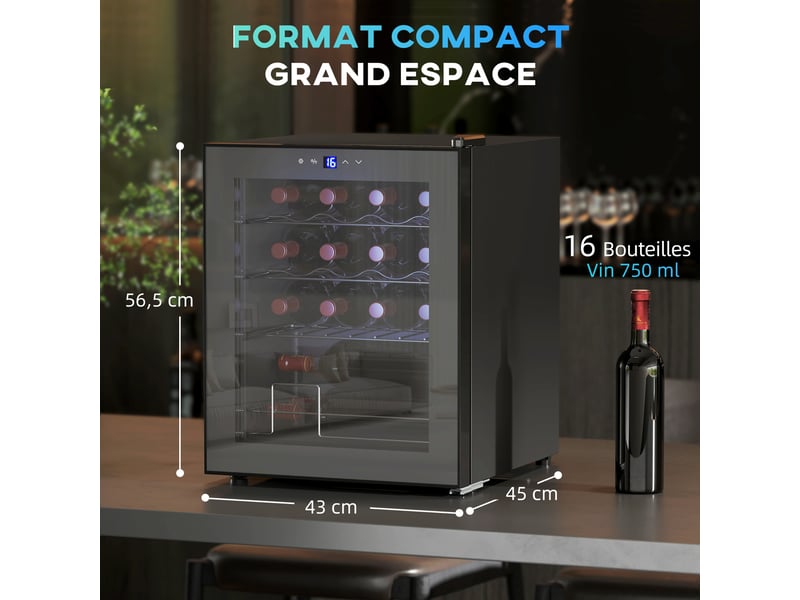 Cave à vin 16 bouteilles 42l, réfrigérateur à vin et boissons avec température réglable 5-18°c, noir, porte en verre - Conforama C