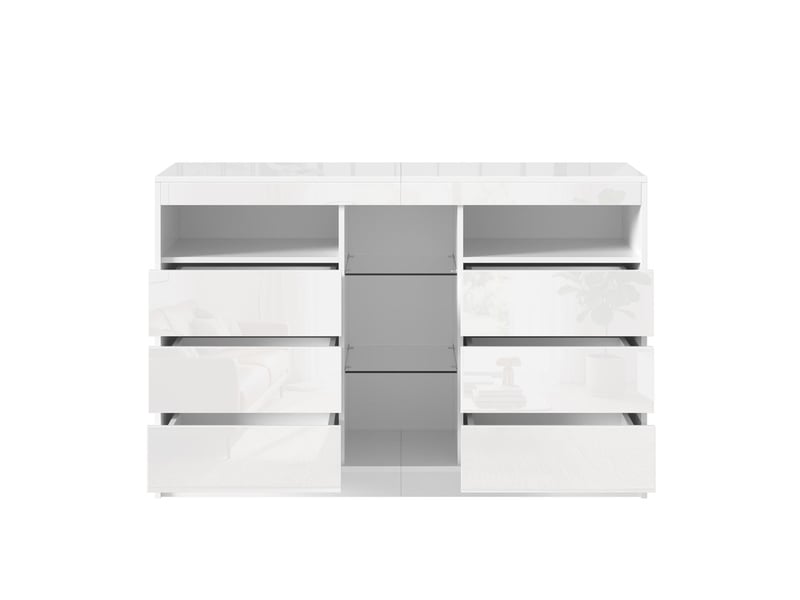  Commode 6 tiroirs, avec tablettes en verre et éclairage led, armoire de rangement laquée brillante, 130 x 40 x 85 cm, coloris blanc  - Conforama E