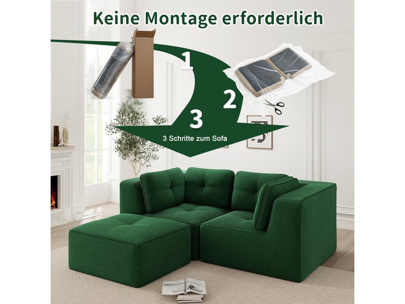  Canapé d'angle modulable 2 places en velours côtelé vert, sans montage, assise profonde, design sans cadre  - Conforama W