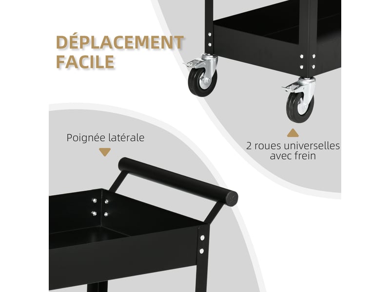  Chariot d'atelier servante atelier à 2 niveaux, poignée latérale et roulettes verrouillables, noir, 84,5x38x84cm  - Conforama E