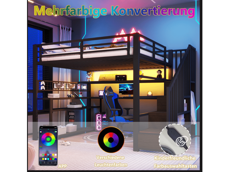  Lit mezzanine 1 place 90×200 cm avec bureau, armoire et led - okmyhome- noir, sans matelas, métal et mdf  - Conforama E