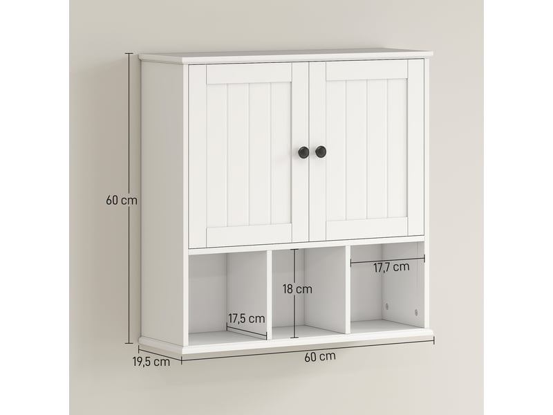  Armoire murale de salle de bain, meuble de rangement avec 2 portes, étagère réglable et compartiments ouverts, blanc  - Conforama C