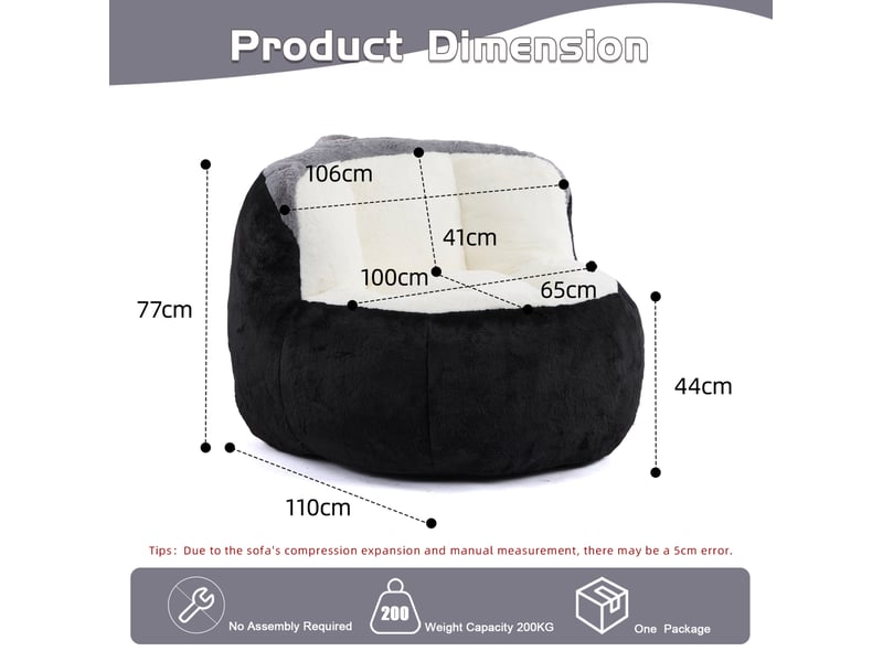  Fauteuil poire oversize 106x110x77 cm – noir, blanc et gris – tissu peluche, poignée et base antidérapante  - Conforama C