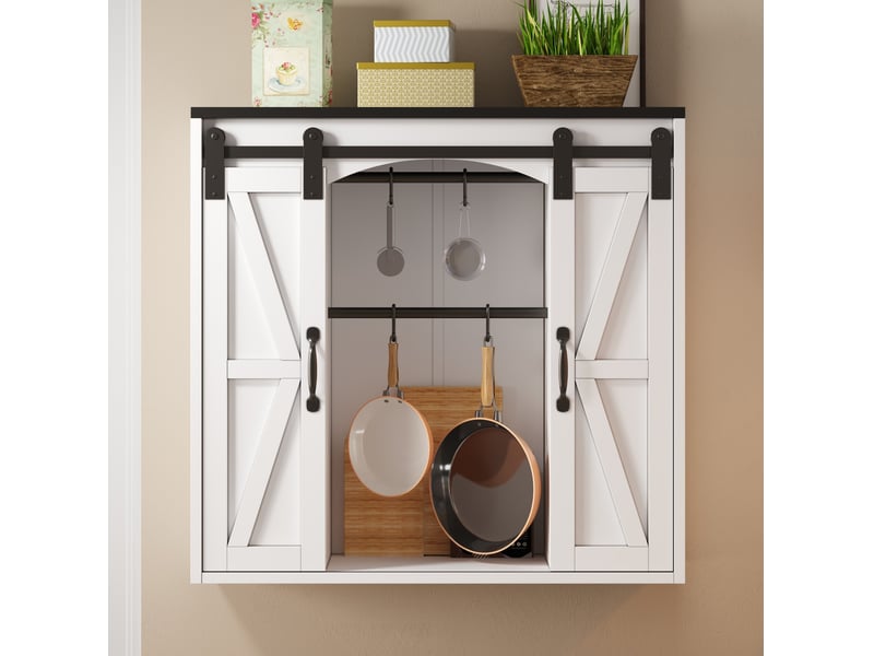  Armoire murale de cuisine avec 2 portes coulissantes et étagères réglables pour rangement, blanche, 80 × 31 × 76 cm  - Conforama D
