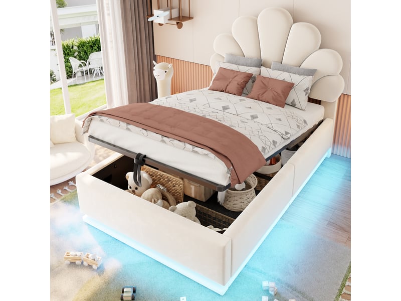  Lit coffre rembourré 90x200 cm coloris beige led velours  - Conforama B