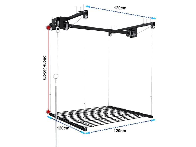  Étagère de plafond de garage 120x120 cm noire en acier, système à manivelle pour rangement suspendu  - Conforama C
