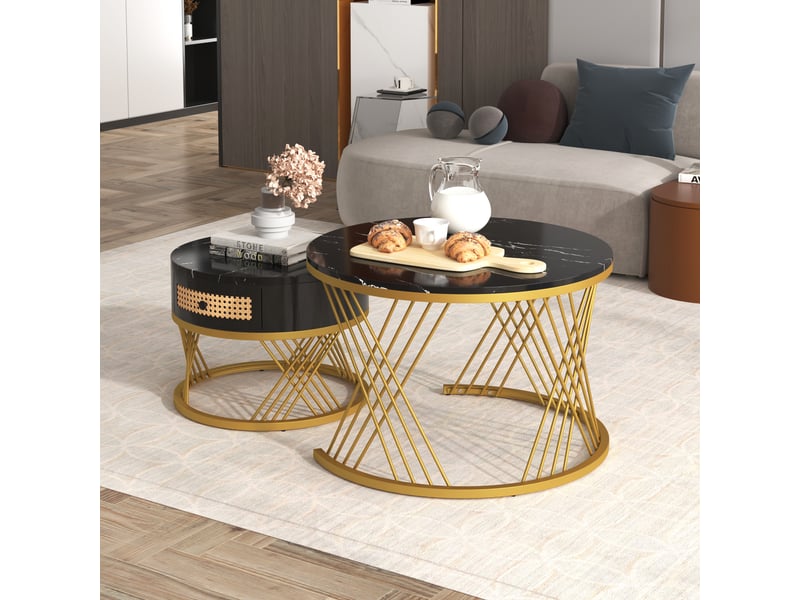  Tables basses - tables gigognes rondes lot de 2, mdf imitation marbre, pieds métal robustes, style contemporain pour salon - noir et doré  - Conforama B