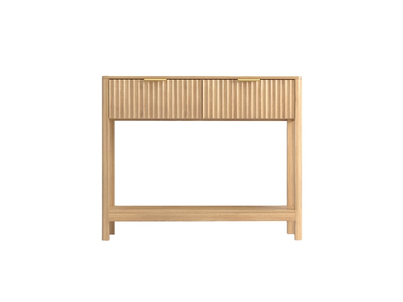 Table d'appoint - console cannelée de style mid-century modern avec 2 tiroirs et une étagère ouverte, chêne, placage chêne - Conforama A