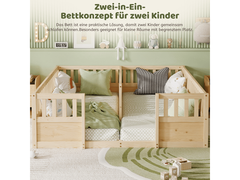  Lit au sol double enfant 2x90x200 cm avec 2 couchages, hauts garde-corps semi-fermés, entrée ouverte, structure en pin et mdf, naturel  - Conforama E