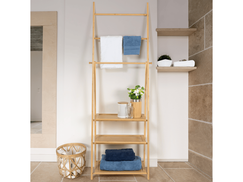 Porte-serviettes De Salle De Bain HOMCOM Porte-Serviettes En Bambou à 3 Niveaux Avec étagère De Rangement, Porte-Serviettes Sur Pied Pour La Salle De Bains Et La Buanderie, Finition Bois Naturel Seche Serviette