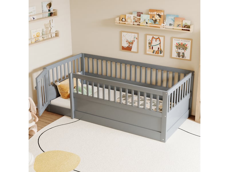  Lit enfant lit simple avec barrière et porte, 90×200 cm, sans matelas, en bois massif et mdf, gris  - Conforama B