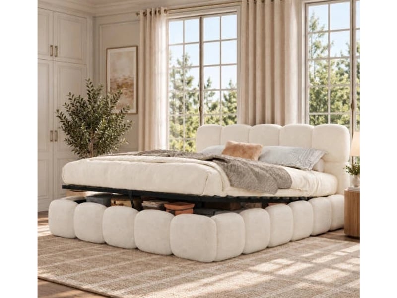 Lit capitonné, lit double, 200×200 cm, avec sommier à lattes, tête de lit et grand espace de rangement, blanc, tissu bouclé - Conforama B