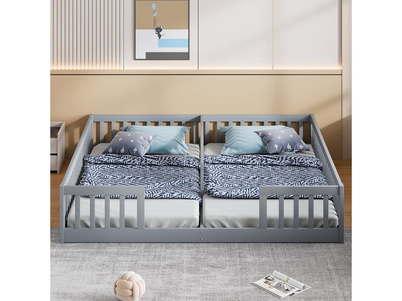  Lit enfant pour deux 90 x 200 cm, barrières de sécurité, sommiers à lattes, gris  - Conforama E