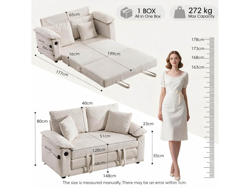 Canapé convertible pliant 2 places 3 en 1 avec poches latérales, fonction couchage en chenille blanc - Conforama C