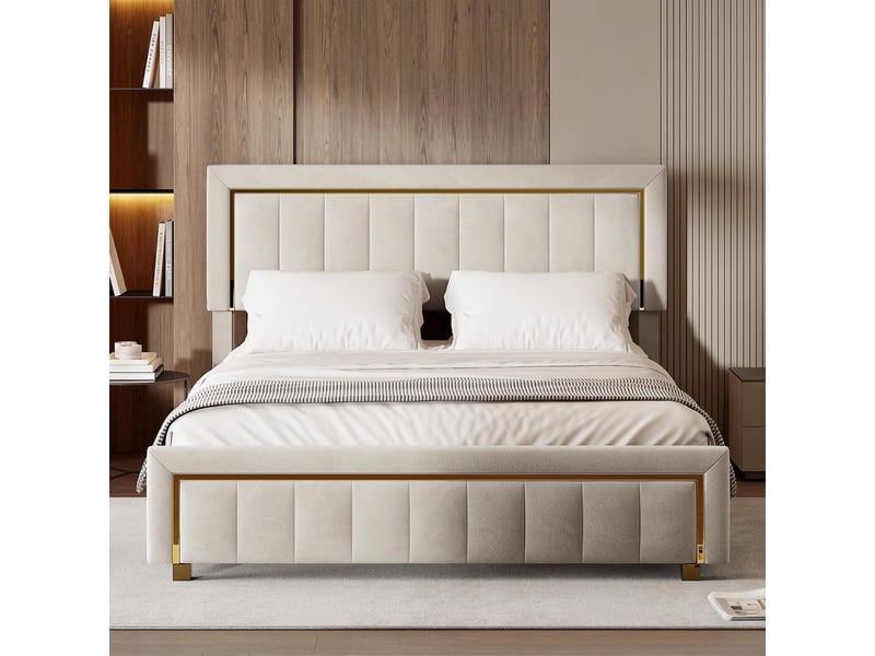  Lit coffre 160x200cm - lit double 160x200 - avec tête en velours, bordures dorées, style moderne chic - blanc crème  - Conforama C