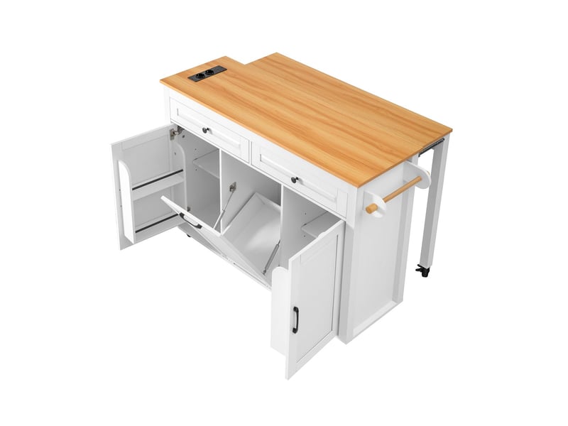  Îlot de cuisine meuble de cuisine sur roulettes espace repas extensible plan de travail compartiment poubelle multiprises intégrées structure autoportante finition blanche  - Conforama B