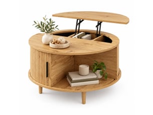 Table basse ovale relevable 100x48x54,5 cm avec plateau réglable, rangement caché, effet ondulé, naturel