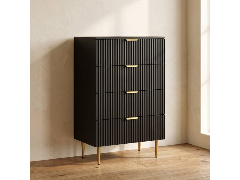  Commode 4 tiroirs commode chambre meuble de rangement moderne avec poignées et pieds dorés, noir, dim. 60 x 40 x 96 cm  - Conforama D