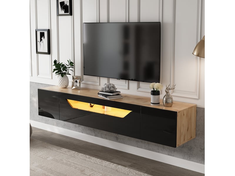  Meuble tv mural modenvie 180 x 37 x 36 cm avec led et rangement noir et bois naturel  - Conforama B