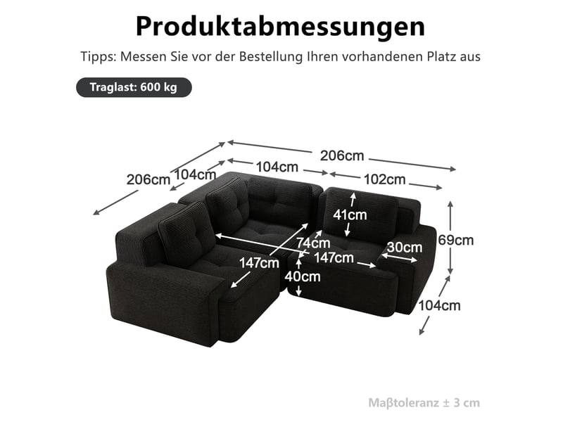  Canapé d’angle modulable 3 places en velours côtelé noir - 206 x 206 x 69 cm  - Conforama E
