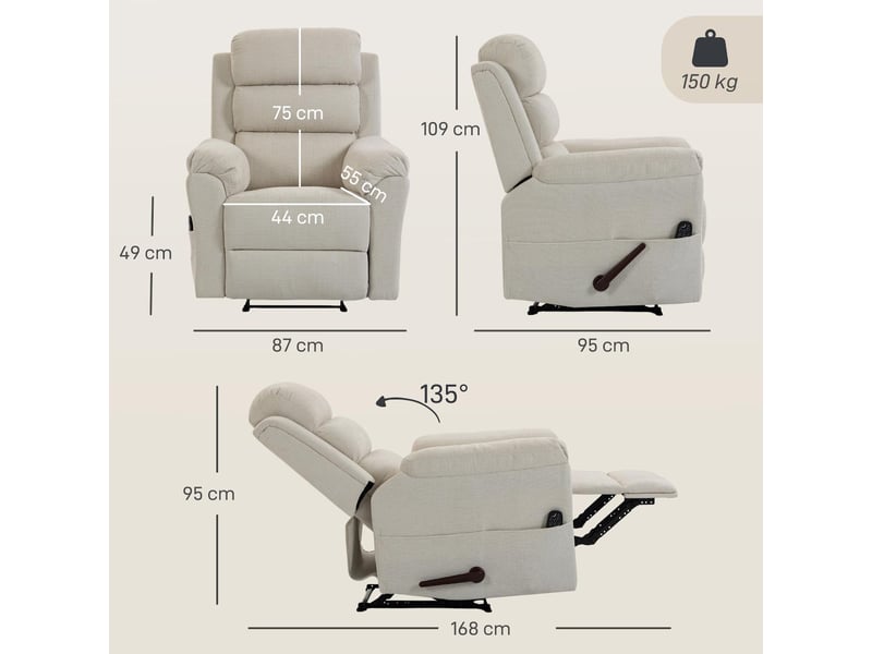 Fauteuil inclinable massant et chauffant en tissu chenille crème 95x87x109 cm  - Conforama C
