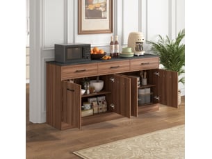 Buffet de cuisine 160 cm effet noyer avec 3 tiroirs et rangements