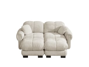 Canapé modulable u 2 places, chenille matelassé fin, coussins épais, 2 pouf amovible, 190x149x90cm, kaki clair