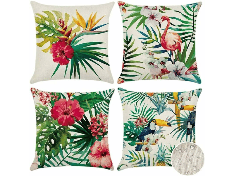 Lot de 4 housse de coussin - 45 x 45 cm, lot de 4 housses de coussin d'extérieur imperméables à motif plantes tropicales, fleurs et oiseaux, housse de coussin, vert  - Conforama A
