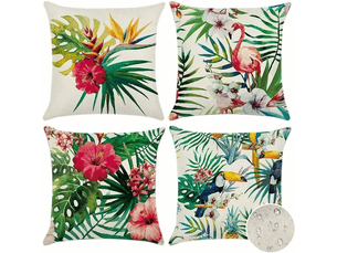 Lot de 4 housse de coussin - 45 x 45 cm, lot de 4 housses de coussin d'extérieur imperméables à motif plantes tropicales, fleurs et oiseaux, housse de coussin, vert