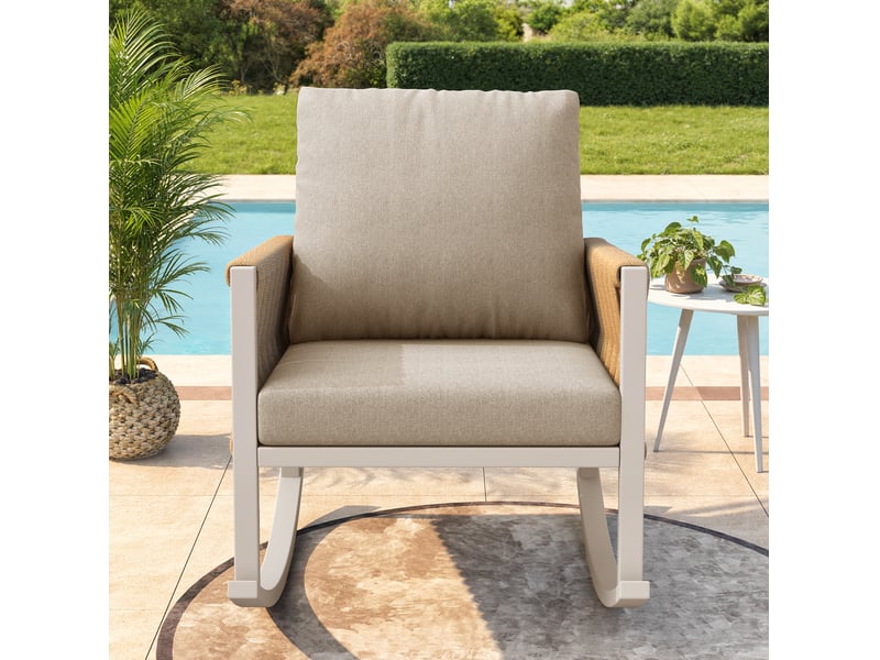  Fauteuil à bascule extérieur jardin 65x79x78 cm avec cordage croisé et coussins confort, pour terrasse, métal, beige  - Conforama B
