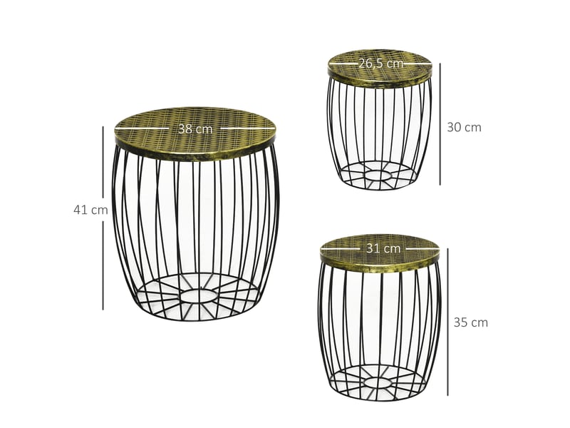 Ensemble de 3 tables d'appoint empilables pour jardin, style industriel, en métal avec plateau imitation rotin noir. - Conforama E
