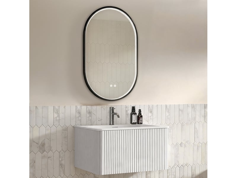  Meuble sous vasque mural suspendu avec un tiroir et miroir led antibuée réglable en blanc 81 × 46,5 × 37 cm  - Conforama B