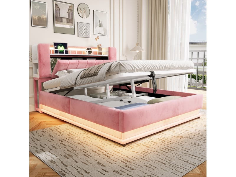 Lit coffre 2 places 160x200 cm en velours rose avec led, usb et rangement hydraulique, sans matelas - Conforama E