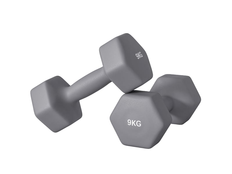 Lot de 2 haltères hexagonales de 9 kg en métal et plastique avec poignée antidérapante, 25 x 11 x 11 cm, grises - Conforama B