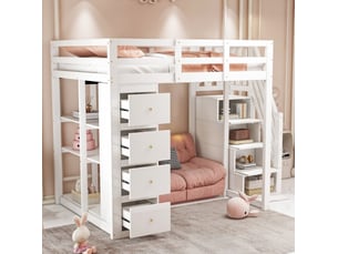 Lit mezzanine 140x200cm, li enfant avec 4 tiroirs, étagères, escalier, espace de rangement et sommier, pin+mdf blanc, sans matelas