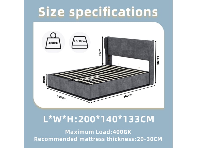  Lit coffre 140x200 cm avec tête de lit, matelas inclus, coloris gris  - Conforama C