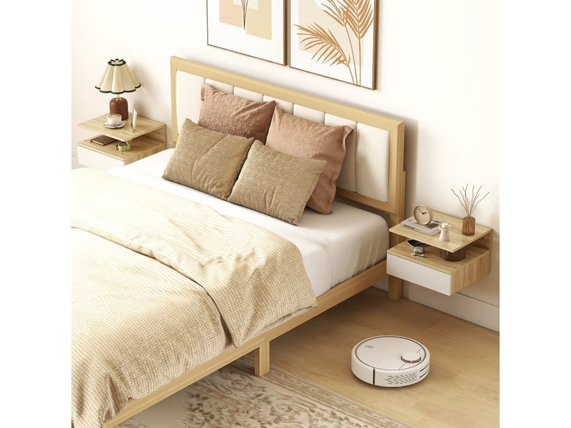  Ensemble de 2 tables de chevet suspendues avec tiroir et étagère ouverte, 35 x 32 x 22,5 cm, blanc et chêne  - Conforama D