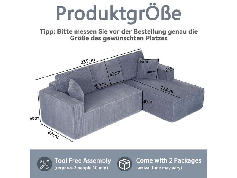  Canapé d'angle modulaire - forme en l - 2 places + méridienne - velours côtelé - gris - 235x128x60 cm gris - Conforama E
