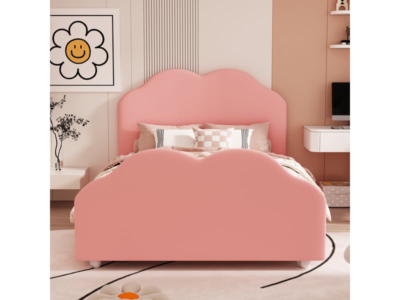 Lit enfant 90x200 forme nuage - velours rose avec barrière de sécurité - sommier inclus  - Conforama W