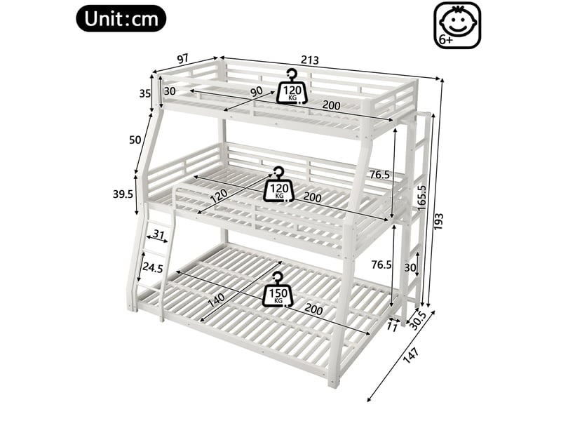  Lit superposé triple 90x200, 120x200 et 140x200 cm en métal blanc  - Conforama C
