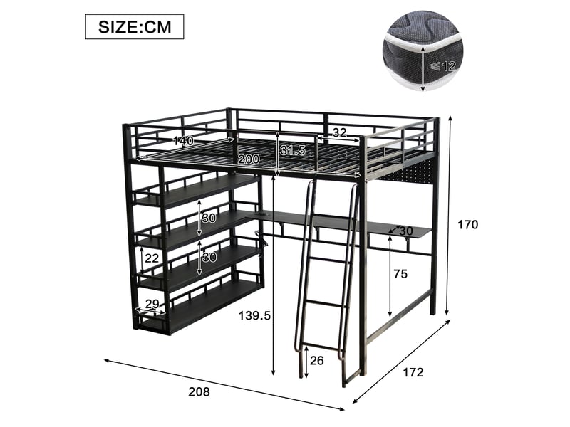 Lit mezzanine 2 places 140 x 200 cm avec étagères, grand rangement, port de charge, échelle inclinée 4 marches, barre de suspension, métal noir  - Conforama E