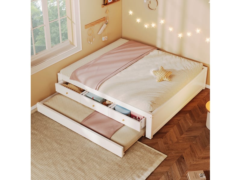  Lit double 140x200 cm avec 3 tiroirs et lit d’appoint coulissant blanc, sans matelas ni tête de lit  - Conforama B