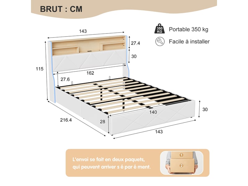  Lit coffre - pocketpop - 140x190 - pu blanc - tête de lit led et usb  - Conforama W