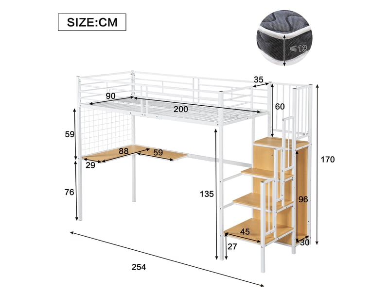  Modenvie lit mezzanine 90x200 cm - avec armoire intégrée, escalier latéral - sans matelas - blanc  - Conforama C