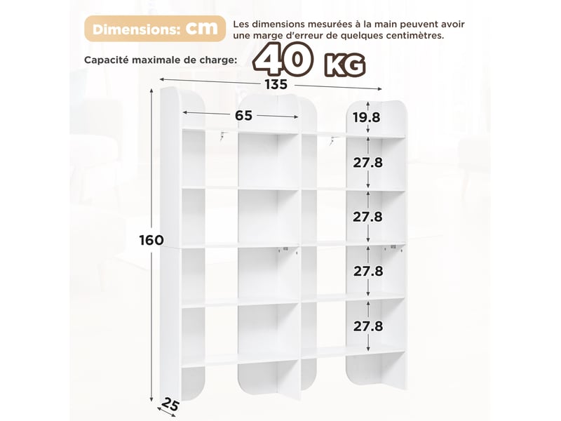  Bibliothèque 135x25x160 cm 5 niveauxouverte, grand rangement, étagère ouverte, panneauxde particules, blanc  - Conforama C