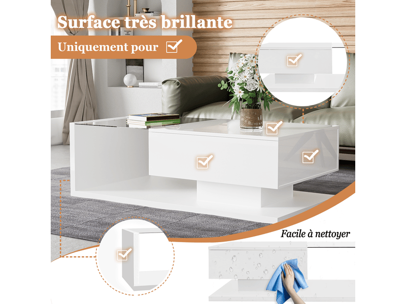  Table basse blanche laquée. Tables d'appoint et tables basses en verre avec éclairage led.  - Conforama E
