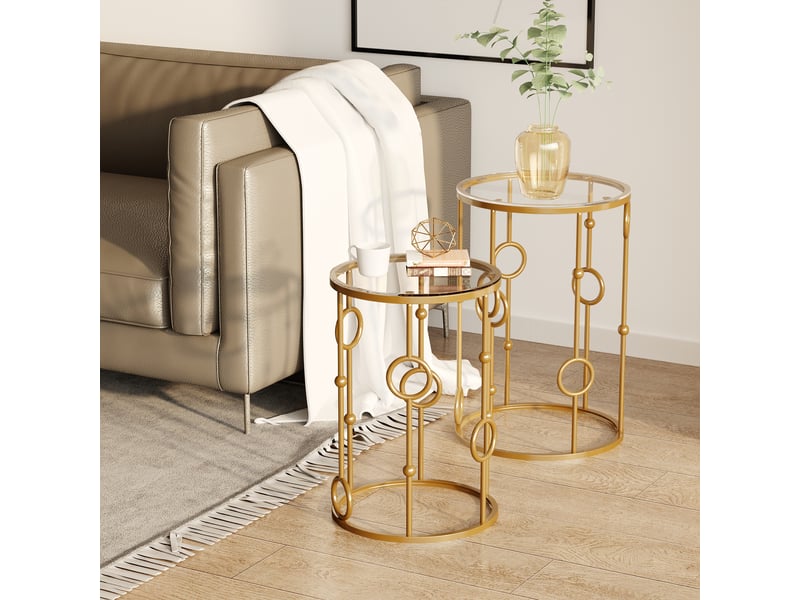  Tables gigognes lot de 2 tables basses rondes design style art déco ø 41 et ø 36 cm métal verre doré trempé 5 mm  - Conforama A