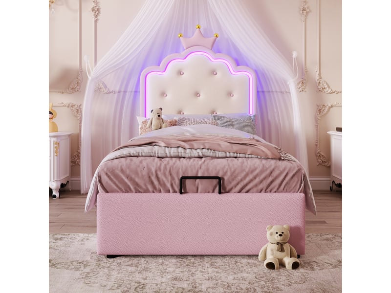  Lit coffre 90 × 200 cm, tête de lit couronne avec led, sommier relevable à vérins, revêtement pu, sans matelas, rose  - Conforama D