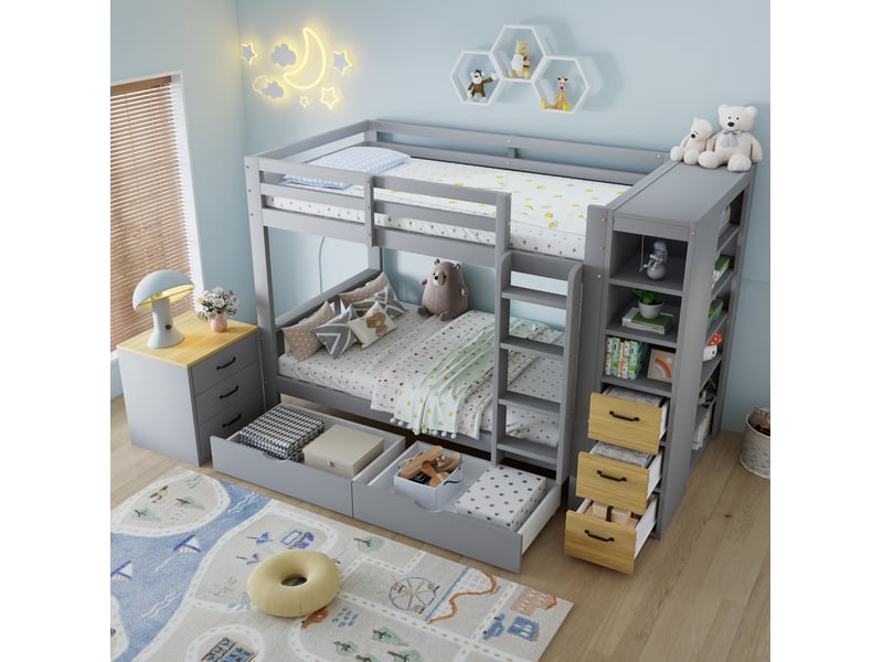  Lit superposé enfant 90 x 200 cm gris clair et naturel avec rangements  - Conforama C